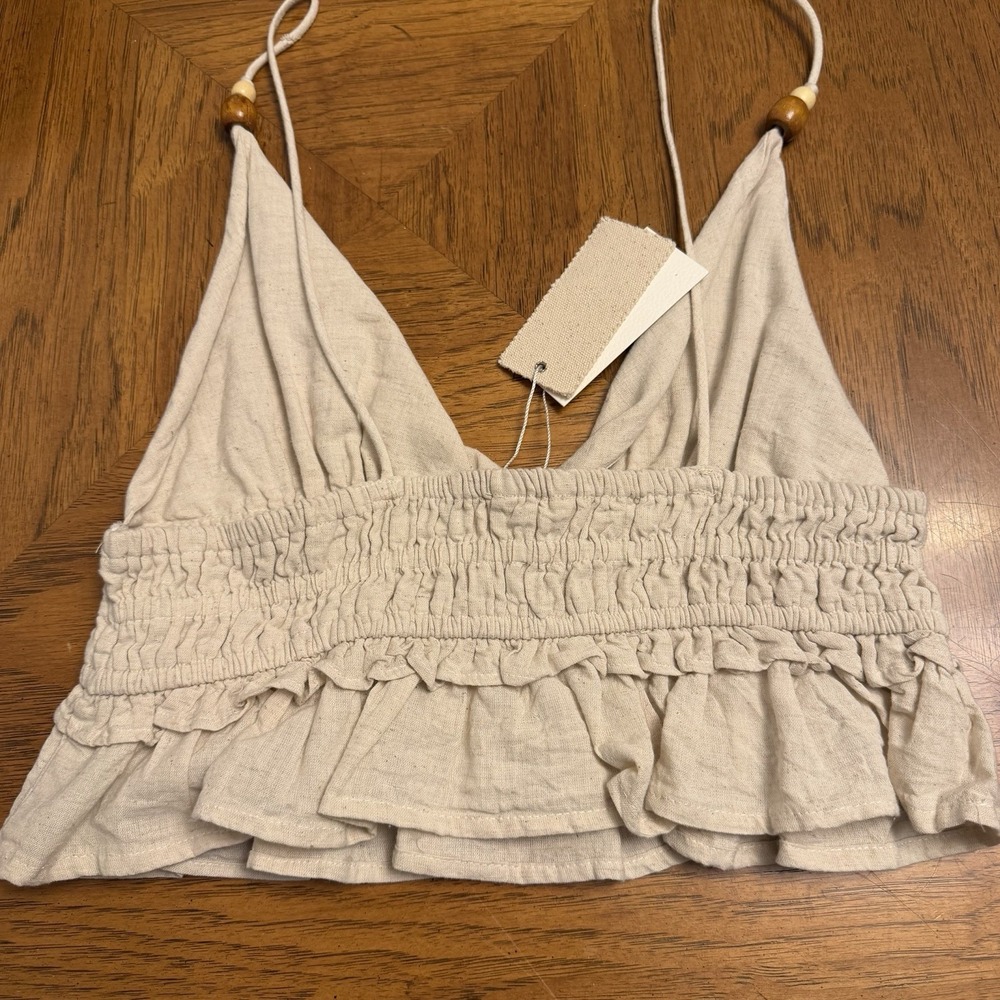 Sim & Sam Linen Halter Crop Top Women L Natural Smocked Boho‎ Beach NWT